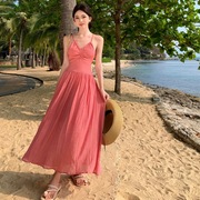 海边性感时尚露背收腰吊带连衣裙甜美度假风显身材显高超修身长裙
