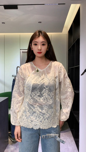 2024早春季女装新中式国风宽松休闲网纱白色蕾丝衬衫