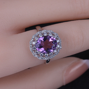 天然紫水晶戒指，s925纯银高级彩宝豪华紫晶宝石，指环开口可调节