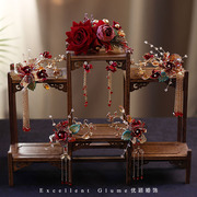 古典手工立体红玫瑰，金边花朵发饰套装古风婚礼，古装秀禾服新娘头饰