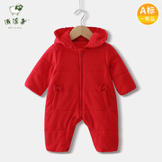 英式面料韩版婴儿新年红色衣服，冬季宝宝加厚连体衣新生儿外出棉服