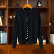 原货名媛气质珍珠装饰圆领黑色，针织开衫时尚，设计感通勤外套f2573