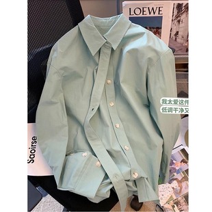 薄荷绿Polo领长袖衬衫女2023早春季设计感小众高级感内搭上衣