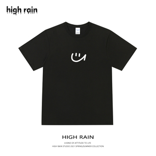high rain 简约微笑印花半袖T恤男女黑色圆领bf风情侣短袖上衣