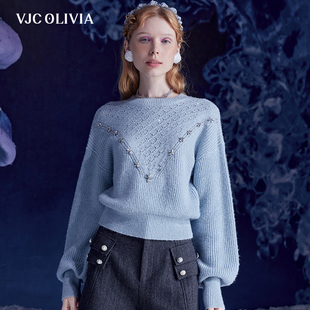 vjcolivia2023秋冬蓝色，假两件羊毛衫套头，烫钻短款上衣女装