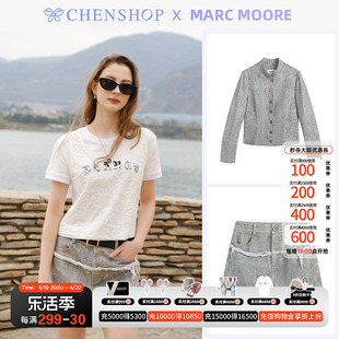 marcmoore复古牛仔印花小立领修身短外套t恤短袖裙裤女chenshop