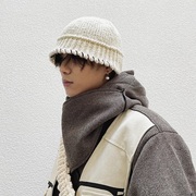 韩国设计师锁边大头围毛线渔夫帽帽子男显脸小秋冬针织盆帽水桶帽