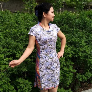 凤翔歌女士春夏季高领，日常旗袍时尚修身改良版，短款印花连衣裙