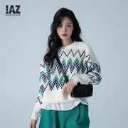 IAZ春秋冬季女时尚休闲设计感白色圆领套头几何宽松毛衣外套