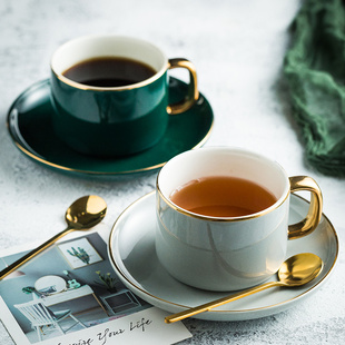 欧式小奢华金边咖啡杯家用陶瓷，杯碟套装下午茶杯碟勺水杯花茶杯