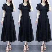 黑色雪纺连衣裙女2024夏季短袖，气质大码遮肚显瘦长款夏天长裙