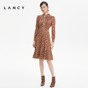 LANCY/朗姿2022秋季衬衫领印花长袖中长款收腰高级连衣裙子女