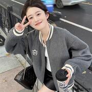 韩国2024春灰色小个子毛呢棒球，服外套女宽松休闲百搭卫衣开衫