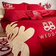 艾维婚嫁结婚四件套纯棉大红色时尚全棉刺绣喜被套新婚庆床上用品