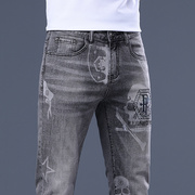 香港浅灰色烫钻印花牛仔裤男士2023夏季薄款韩版修身潮流小脚长裤