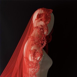红色头纱新娘红盖头结婚纱，复古风中式秀禾汉服，半透明网纱蒙头拍照