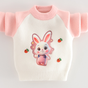 女宝宝毛衣可爱兔子针织衫，洋气套头中小童，2023秋冬女童水貂绒线衣