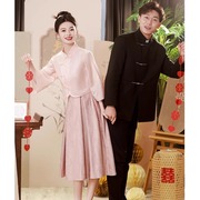 粉色订婚旗袍套装女2024中式敬酒服新娘回门礼服小个子连衣裙