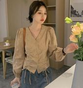 秋装大码女装韩版修身显瘦设计感v领抽绳，长袖衬衣m-4xl200斤