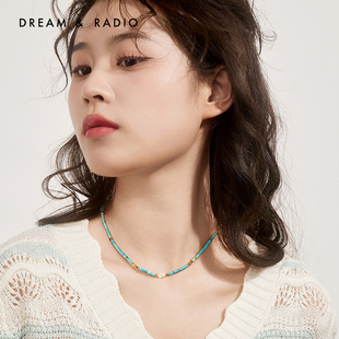 dream&radio仿绿松石，串珠项链女设计小众，粉色红纹石珍珠吊坠颈链