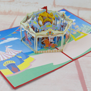 儿童生日礼物印刷旋转木马3D立体贺卡纸雕镂空祝福音乐灯光纸质