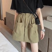 欧货军绿色工装半身裙女夏季新款抽绳松紧高腰大口袋百搭显瘦短裙