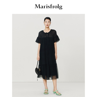 新能量黑裙玛丝菲尔2023年夏季系带式收腰真丝连衣裙女