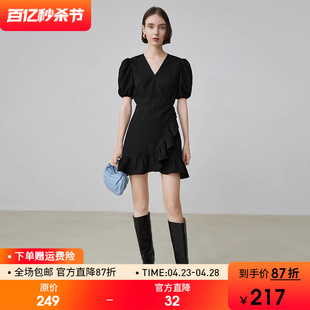 范洛2024夏季法式连衣裙设计感小众V领泡泡袖收腰小黑裙子女