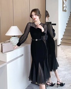 小众设计丝绒拼接连衣裙腰复古法式赫本 优雅性感黑裙小礼服显瘦