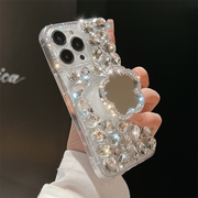 气囊支架镜子适用iphone14/15promax手机壳水钻创意12苹果13promax镶钻保护壳硅胶11高级感透明防摔花朵x