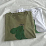 恐龙王子 显白绿色圆领打底衫 2024夏卡通印花宽松百搭短袖T恤 女