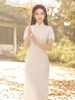 白色蕾丝旗袍20232023夏季年轻少女款，复古国风订婚礼服连衣裙