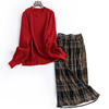 红色宽松显瘦圆领纽扣长袖针织毛衣格子松紧腰半身裙女套装M360