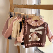 韩版儿童卡通毛衣2024秋季女童洋气可爱针织兔子背心宝宝马甲