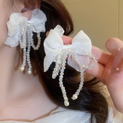 超仙白色雪纺浪漫水晶蝴蝶结串珠流苏耳环小众设计感高级气质耳饰