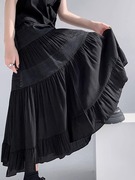 黑色雪纺拼接蕾丝蛋糕，半身裙女夏季2024高腰垂感a字百褶长裙