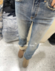 浅色复古窄版直筒牛仔裤女2023冬季款窄版阔腿裤高腰显瘦拖地长裤