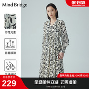 mindbridge百家好女士，长袖连衣裙2023夏季收腰显瘦印花中长裙