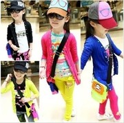 韩版童装糖果色长版儿童开衫，女童荧光纽扣中大童针织外套母女装