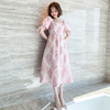 MIUCO浪漫粉色法式方领泡泡袖高腰蓬蓬摆提花连衣裙