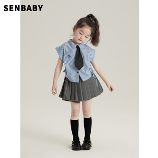 senbaby女童夏装衬衣儿童美式学院，风套装宝宝，翻领蓝条纹无袖衬衫