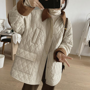韩国插肩袖棉衣外套女冬宽松显瘦大口袋棉服菱形格复古夹棉袄大衣