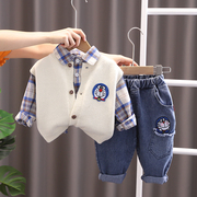 男童一周岁春装套装2024年婴儿，分体毛衣马甲，三件套宝宝衣服春