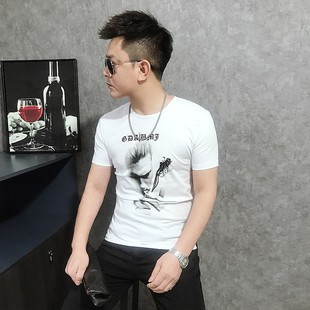 2024潮男3d印花设计纯棉，短袖t桖韩版修身圆领，青年体恤衫男t桖