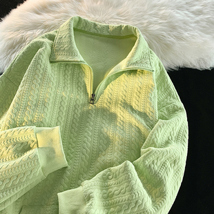 绿色针织提花卫衣男小众设计感半拉链翻领polo衫情侣装秋季套头衫