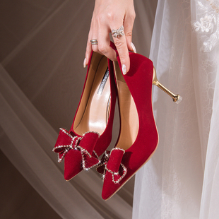 红色婚鞋冬季女秀禾服新娘，鞋2023年中式小众不累脚结婚高跟鞋
