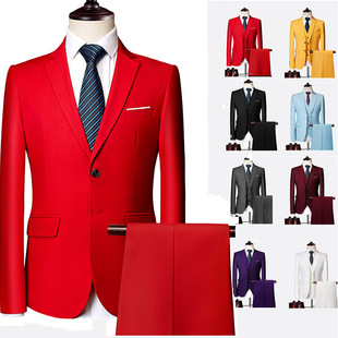 男士红色西装外套主持演出商务休闲正装大码西服套装新郎结婚礼服
