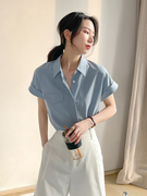 蓝色短袖衬衫女夏季职业装，白领气质高级感薄款工作服宽松雪纺上衣