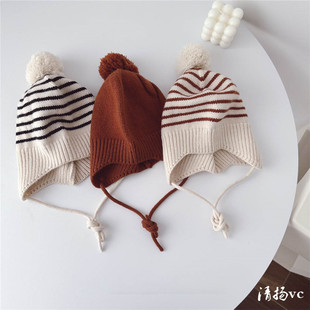 韩版时尚儿童毛线帽子条纹宝宝，针织套头帽保暖秋冬时尚女童护耳帽