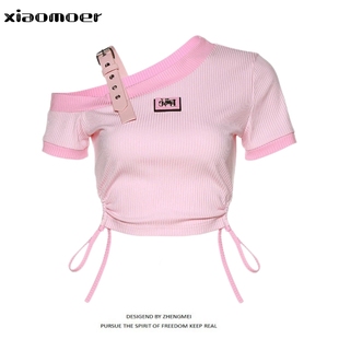 美式甜辣设计感个性粉色修身短款斜肩抽褶短袖T恤上衣女2024夏季
